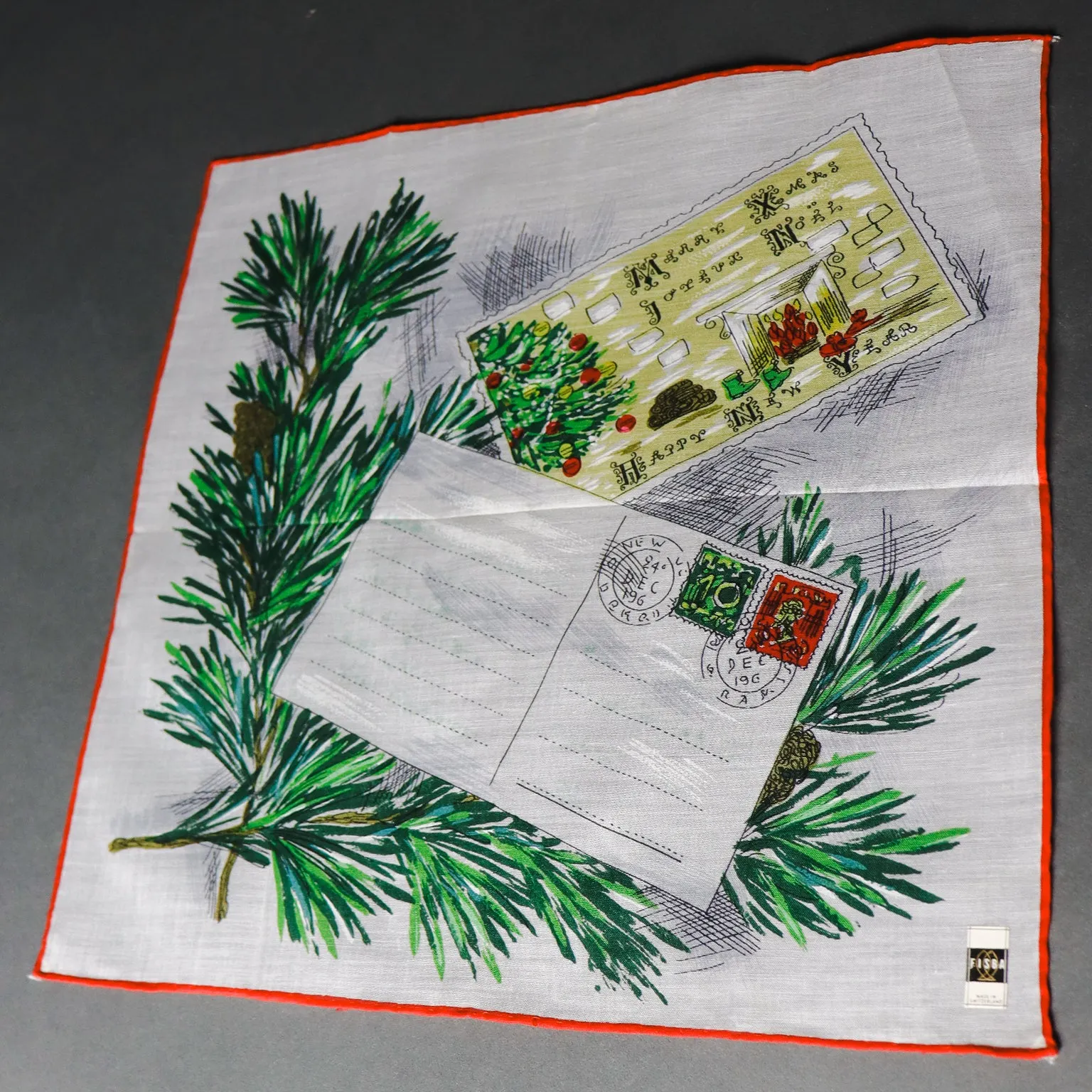 1960s Vintage Holiday Postcard Handkerchief w Original Fisba Switzerland Tag