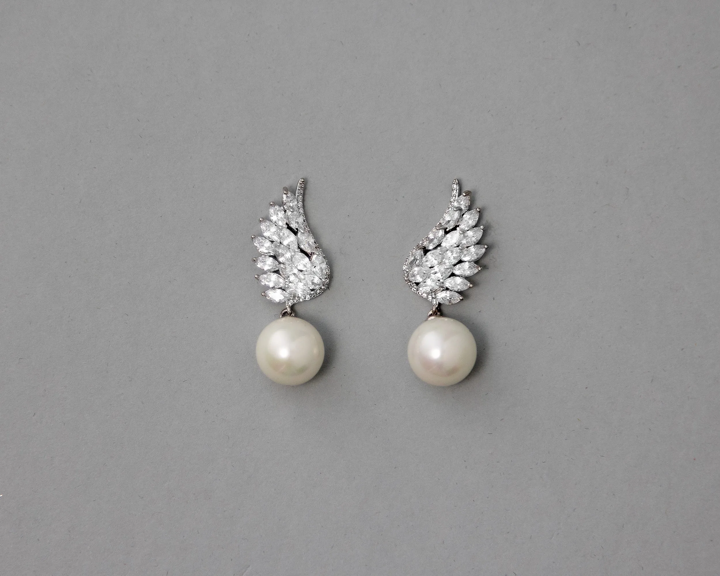 Angel Wing CZ Pearl Drop Earrings