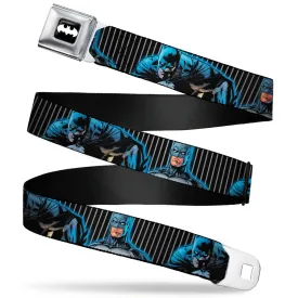 Batman Signal Full Color Black/White Seatbelt Belt - Batman Standing/Crouching Poses Stripe Black/Gray Webbing