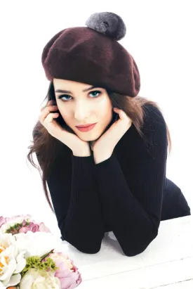 Beret with Chinchilla Fur Bobble