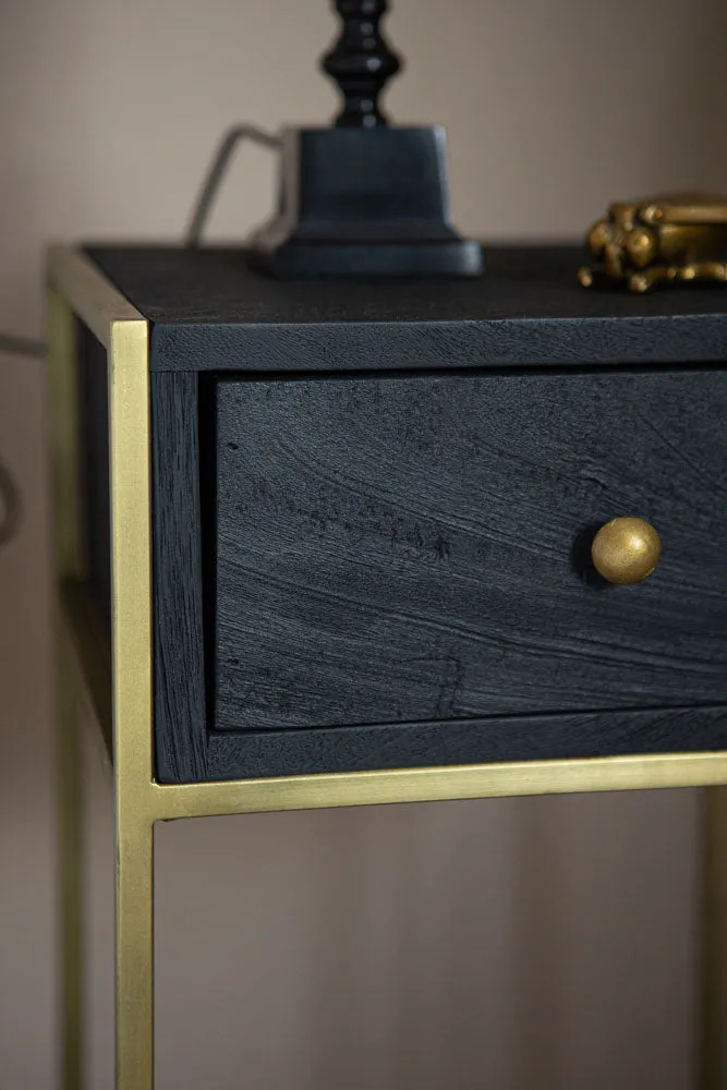 Black Wood & Brass Leg Bedside Table