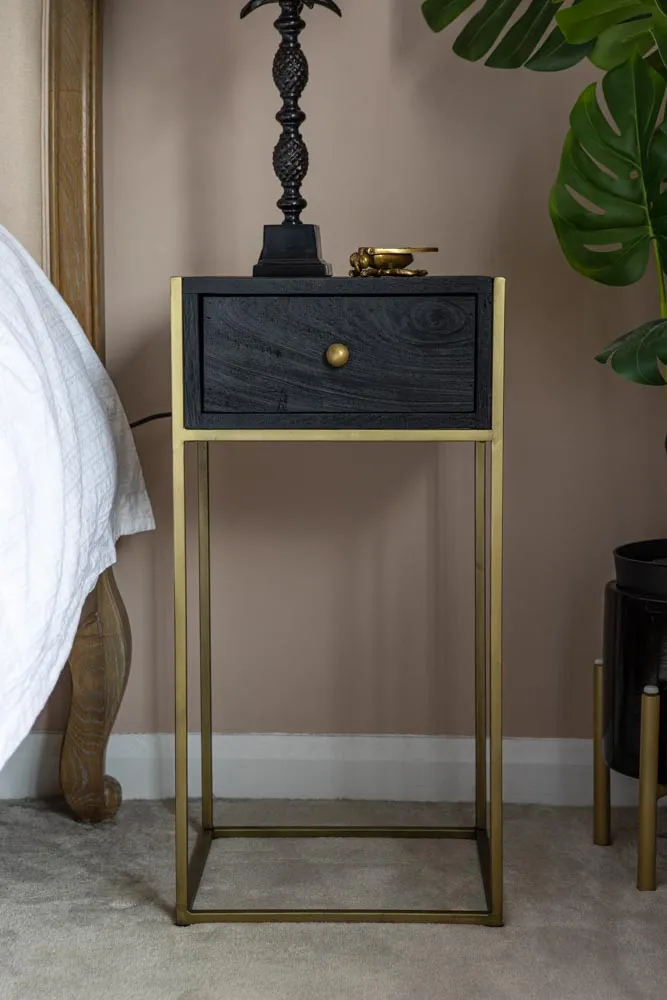 Black Wood & Brass Leg Bedside Table