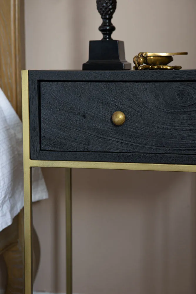 Black Wood & Brass Leg Bedside Table