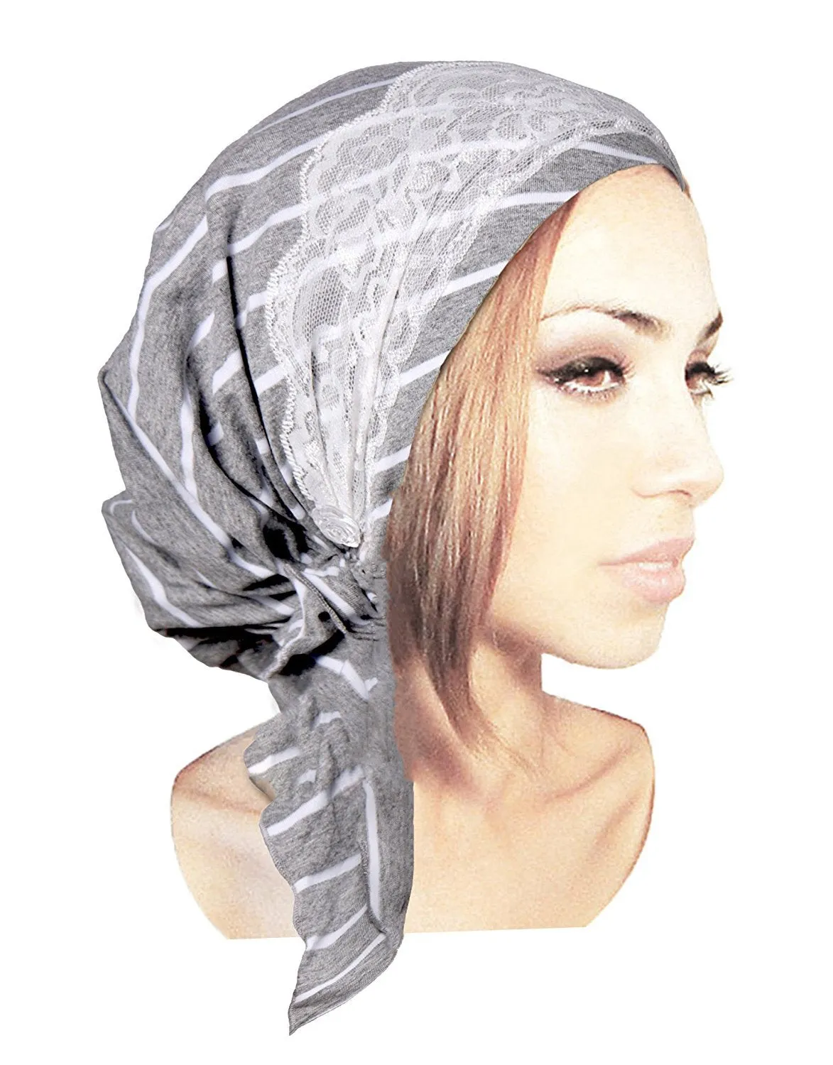 Gray Soft Cotton Pre-Tied Stripe Head-scarf Tichel Embellished with Wide Floral Lace & Two Clear Rose Buttons! (Gray white stripe short - 343)