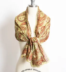 India Cotton Scarf Long Rectangular Printed Chartreuse Wrap 1970s