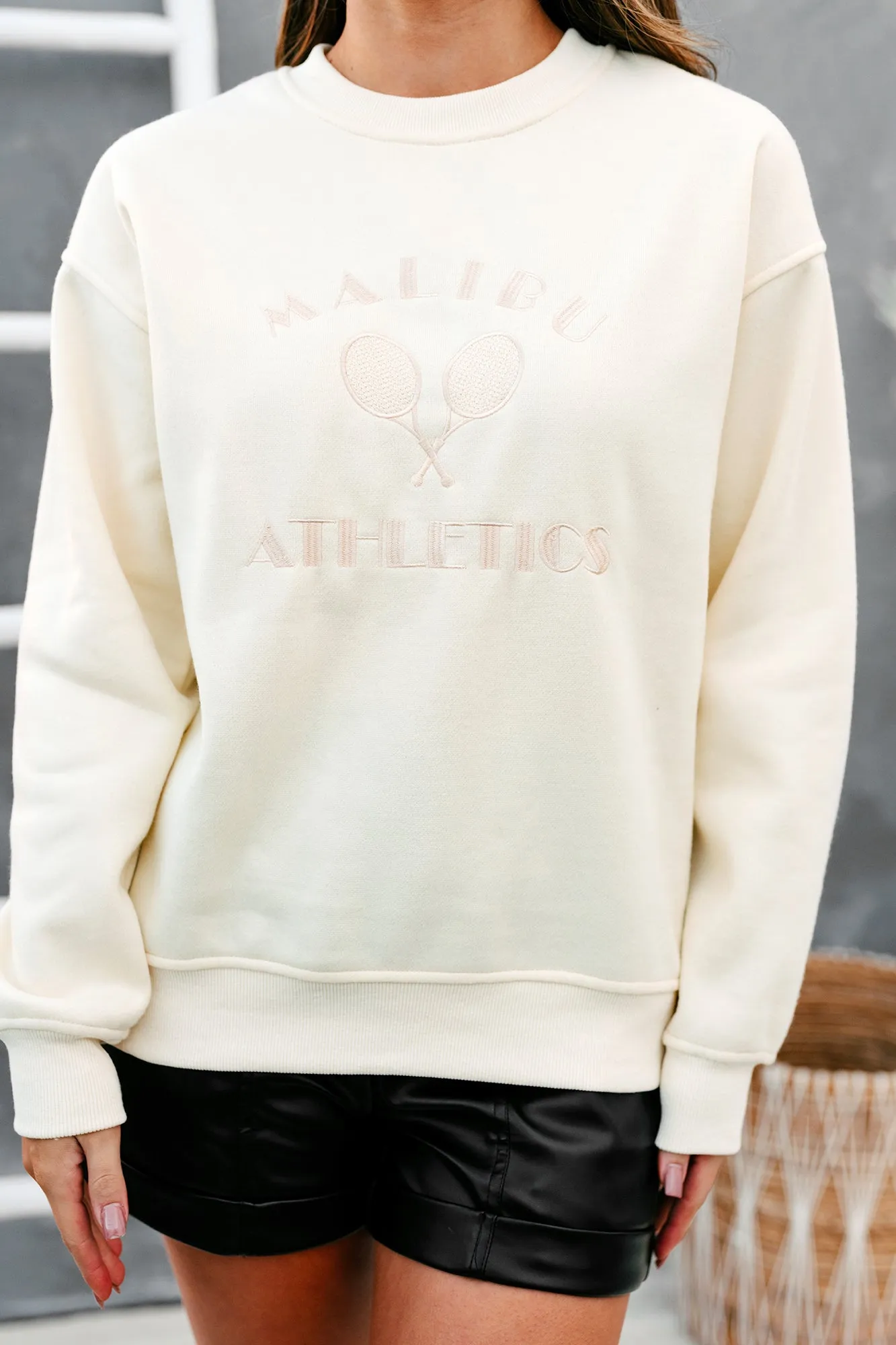 "Malibu Athletics" Embroidered Crewneck Sweatshirt (Cream)