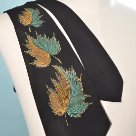 SOLD Vintage 40s/50s Black Hand Painted Necktie, MCM Leaf Design