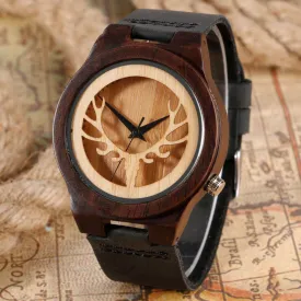 Vintage Wooden Deer Design Watches with Genuine Leather Band Elk Moose Theme Bamboo Black Strap for Women Men Christmas Gift